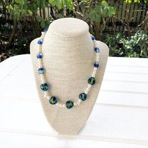 NWT Genuine Murano Glass & Pearls Beaded Necklace Hearts Blue White Yellow